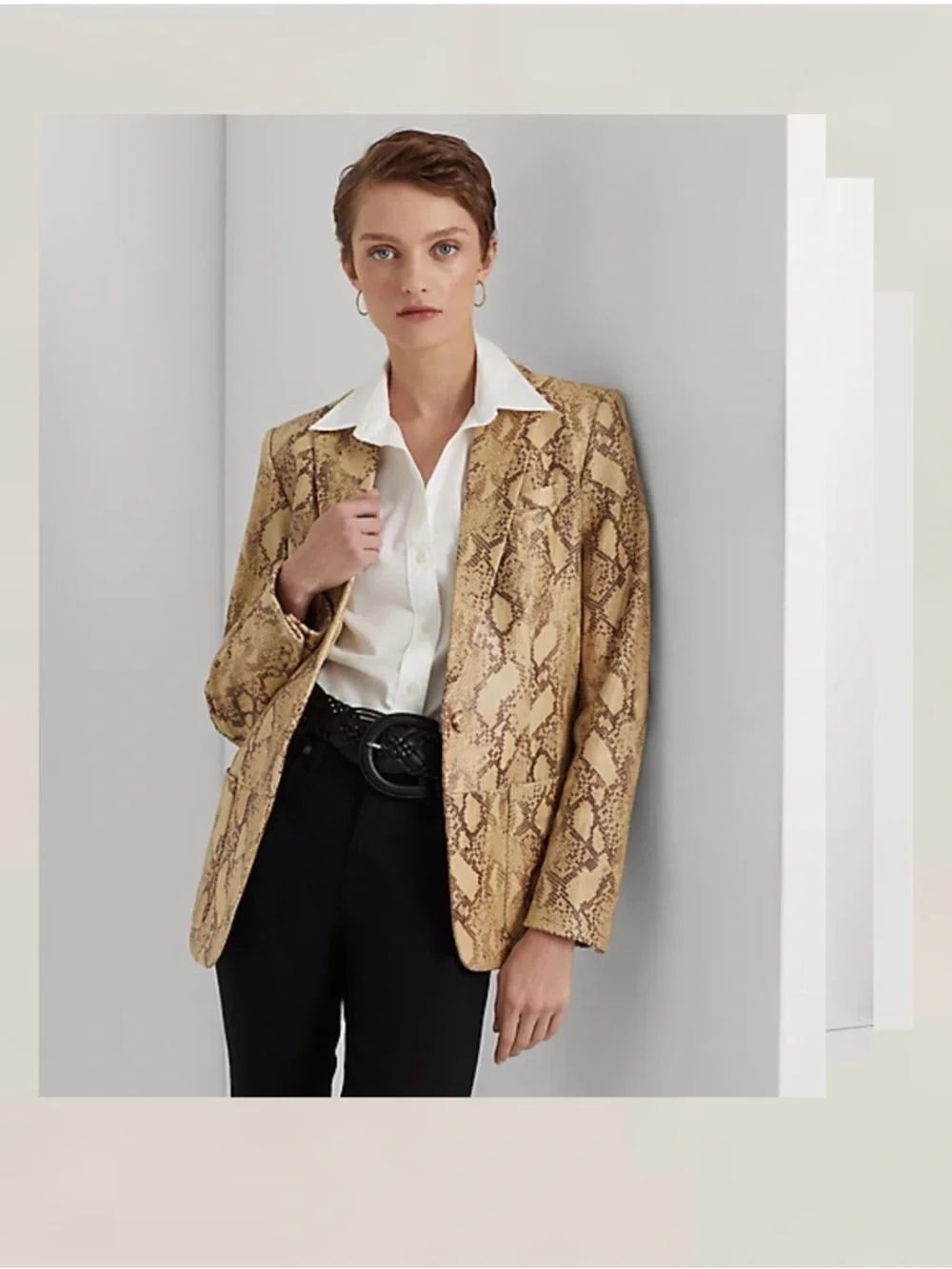 Authentic Lauren Ralph Lauren Python-Embossed Leather Neutral Snake-Print Blazer - Picture 2 of 15